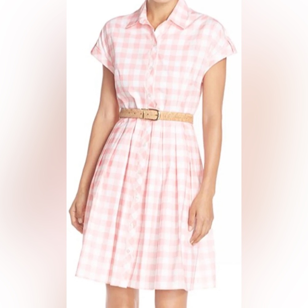 Eliza J Pink White Gingham Cotton Poplin Button Down Belted Dress